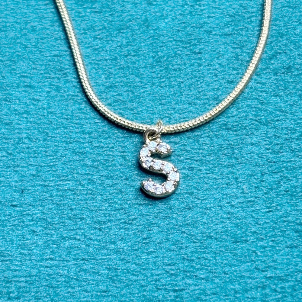 Gold Tone Initial Letter S Pendant Snake Chain Necklace Cubic Zirconia